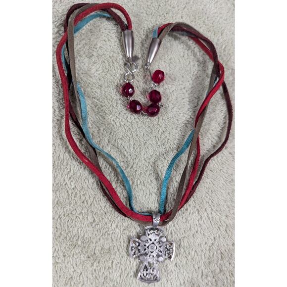 AB Cross Pendent Silvertone Rhinestones Necklace Faceted Red Glass Bead Extender - Picture 3 of 3